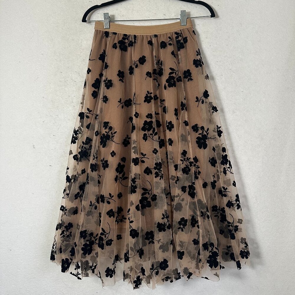 SKIRT  sz S Velvet Burnout Midi Black brown‎ Floral Fairygrunge Whimsigoth